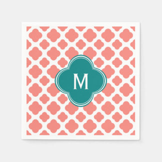 Monogram Coral Rosa Quatrefoil Mönster med Teal Pappersservett