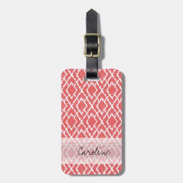 Monogram Coral Rosa Tribal Ikat Diamond Mönster Bagagebricka (Vertikal Framsida)
