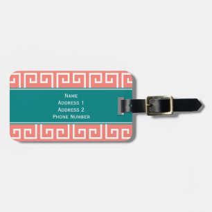 Monogram Coral Rosa, Vit, Teal Geometric Mönster Bagagebricka
