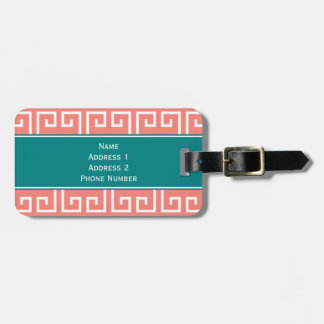 Monogram Coral Rosa, Vit, Teal Geometric Mönster Bagagebricka
