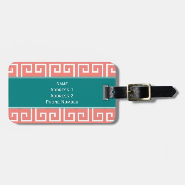 Monogram Coral Rosa, Vit, Teal Geometric Mönster Bagagebricka (Horisontell Framsida)