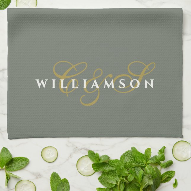 Monogram Couple Minimalist Olive Green Gold White Kökshandduk (Vikta)