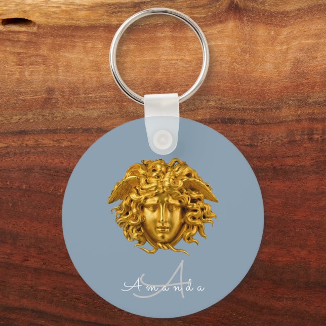 Monogram Couture Guld Medusa Mask Dusty Blue Nyckelring (Framsida)
