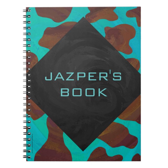 Monogram Cow Brown och Teal Print Anteckningsbok (Framsidan)