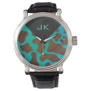 Monogram Cow Brown och Teal Print Armbandsur