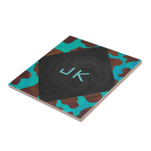 Monogram Cow Brown och Teal Print Kakelplatta
