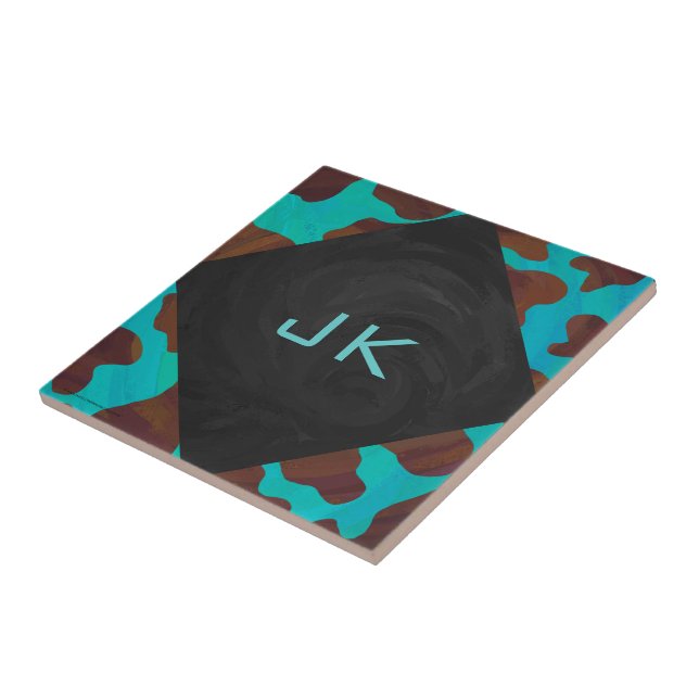 Monogram Cow Brown och Teal Print Kakelplatta (Sidan)