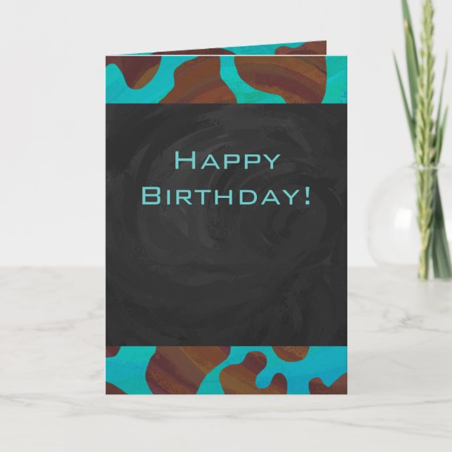 Monogram Cow Brown och Teal Print Kort (Framsida)
