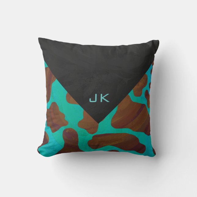 Monogram Cow Brown och Teal Print Kudde (Framsida)