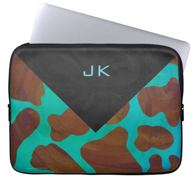 Monogram Cow Brown och Teal Print Laptop Fodral (Framsidan)
