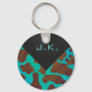 Monogram Cow Brown och Teal Print Nyckelring