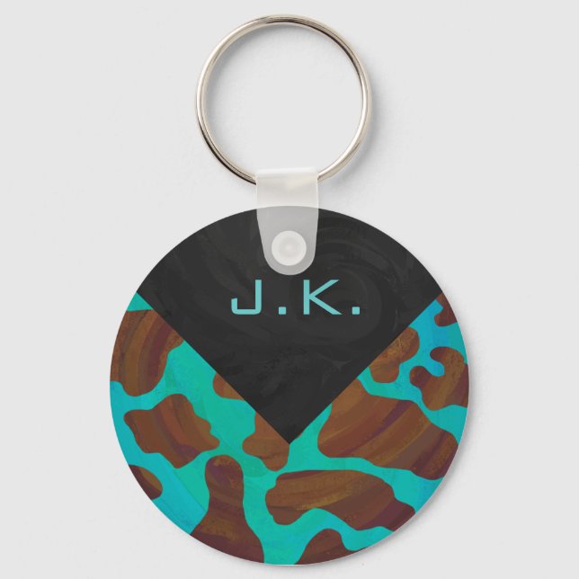 Monogram Cow Brown och Teal Print Nyckelring (Framsida)