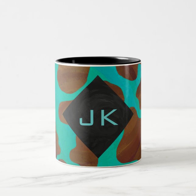 Monogram Cow Brown och Teal Print Två-Tonad Mugg (Center)