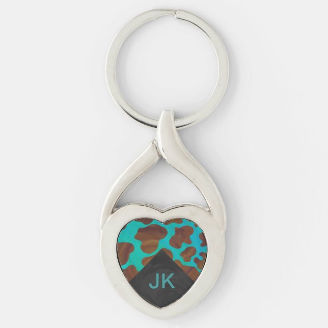 Monogram Cow Brown och Teal Print Twisted Heart Silverfärgad Nyckelring (Framsidan)