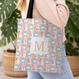Monogram Cozy Cat & Book Tote Bag Girly Pink Tygkasse