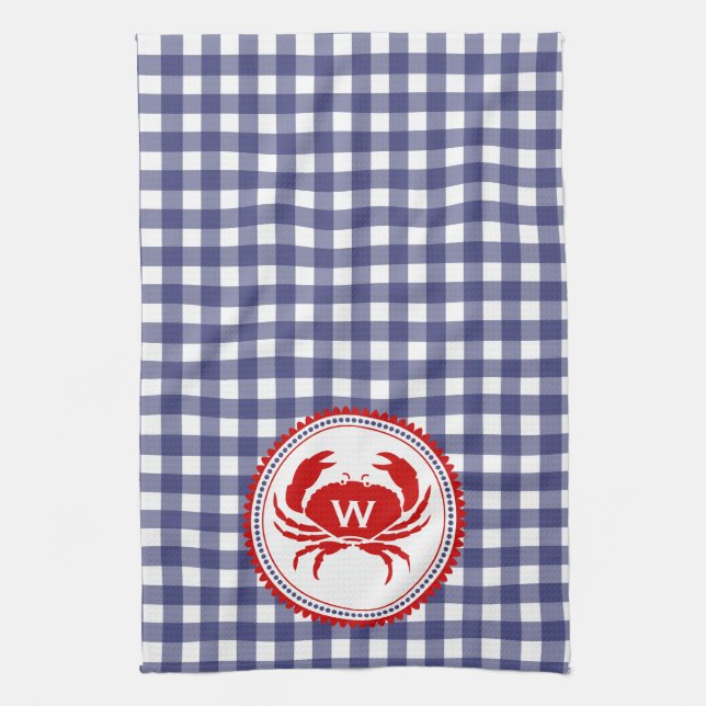 Monogram Crab & Blue Gingham Kitchen Towel Kökshandduk (Vertikal)