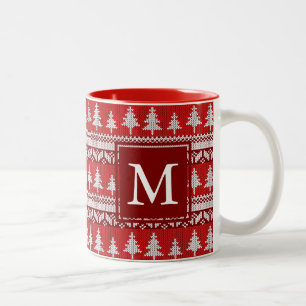Monogram - Cranberry Red + White Nordic Fir Träd Två-Tonad Mugg