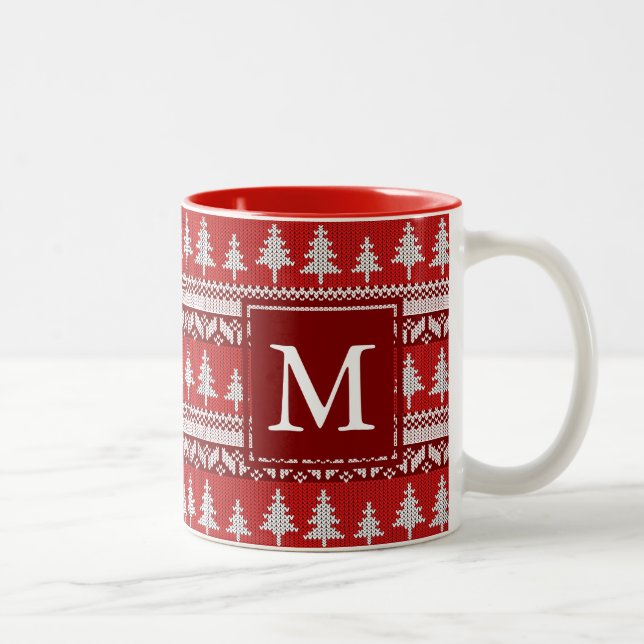 Monogram - Cranberry Red + White Nordic Fir Träd Två-Tonad Mugg (Höger)