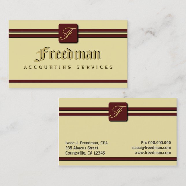 Monogram Cream Burgundy Professionell Accountant Visitkort (Fram/baksida)