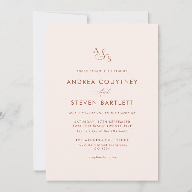 Monogram Cream och Terracotta Fall Wedding Inbjudningar (Framsida)