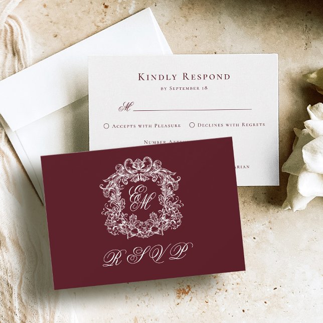 Monogram Crest Elegant Burgundy Wedding OSA Kort (Skapare uppladdad)