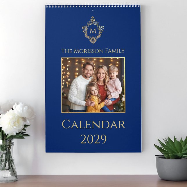 Monogram & Crest Royalblå Falskt Guld Familjefoto Kalender (Skapare uppladdad)