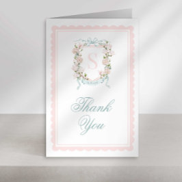 Monogram Crest Thank You Card Pink Bow Scallop Tack Kort