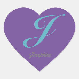 Monogram Cursive Brev J Blue Lila calligraphy Hjärtformat Klistermärke