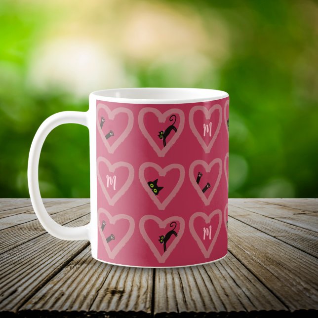 Monogram Cute Black Cat Hearts Valentines day Coff Kaffemugg (Skapare uppladdad)