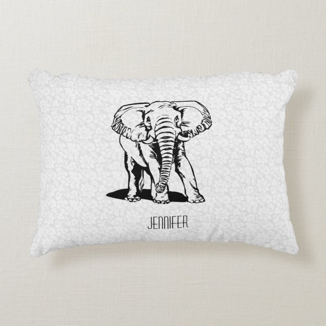 Monogram Cute Black Elephant Line Teckning Prydnadskudde (Framsidan)