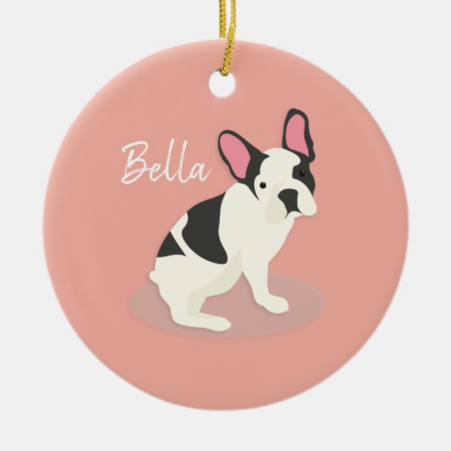 Monogram.Cute Fransk Bulldog. Julgransprydnad Keramik (Framsidan)