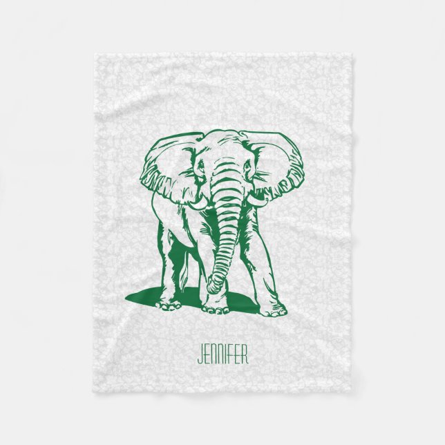 Monogram Cute Hunter Grönt Elephant Line Teckning Fleecefilt (Framsidan)