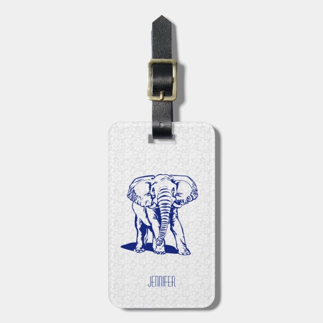 Monogram Cute Navu Blue Elephant Line Teckning Bagagebricka (Vertikal Framsida)
