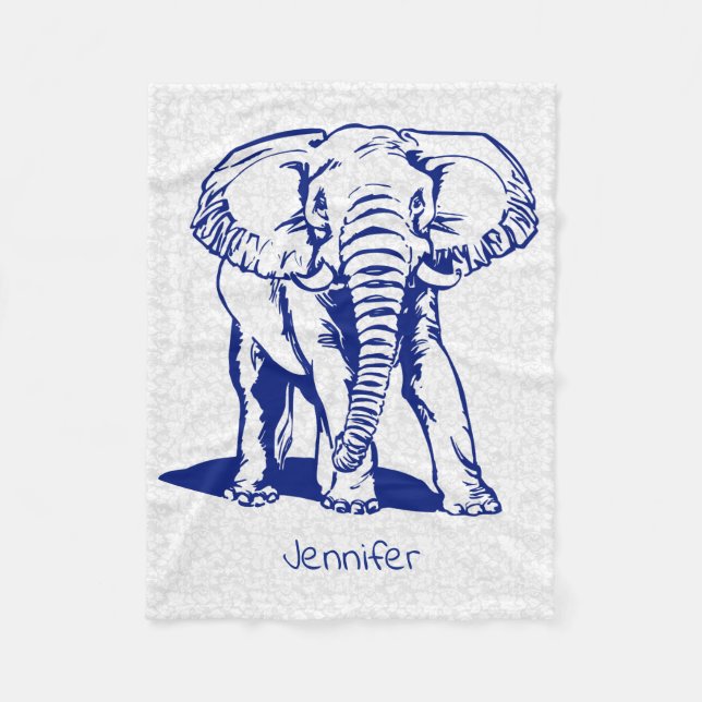 Monogram Cute Navy Blue Elephant Line Teckning Fleecefilt (Framsidan)