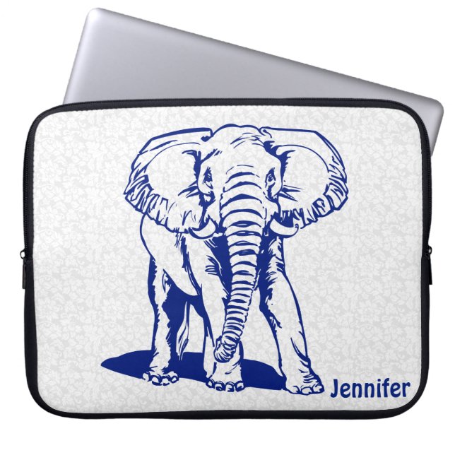 Monogram Cute Navy Blue Elephant Line Teckning Laptop Sleeve (Framsidan)