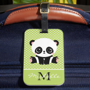 Monogram Cute Panda Bear Personlig Polka Dot Bagagebricka