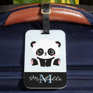 Monogram Cute Panda Bear Personlig Polka Dot Bagagebricka
