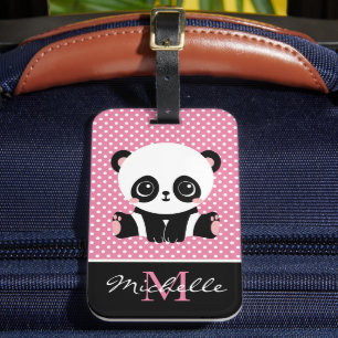 Monogram Cute Panda Bear Personlig Polka Dot Bagagebricka