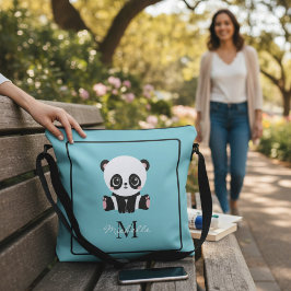 Monogram Cute Panda Blue Personlig Namn Axelväska