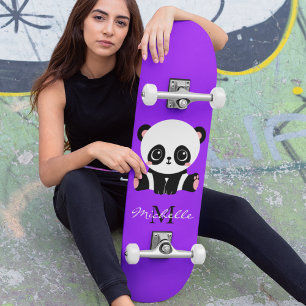 Monogram Cute Panda Personalized Purple Mini Skateboard Bräda 18,5 Cm