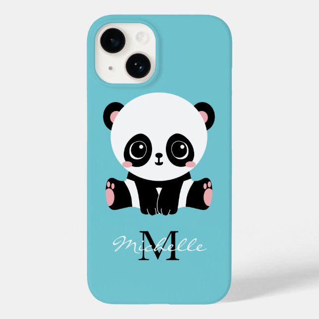 Monogram Cute Panda Personlig Bubble Gum Blue (Baksida)
