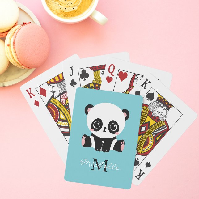 Monogram Cute Panda Personlig Bubble Gum Blue Casinokort (Skapare uppladdad)