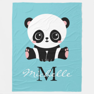 Monogram Cute Panda Personlig Bubble Gum Blue Fleecefilt