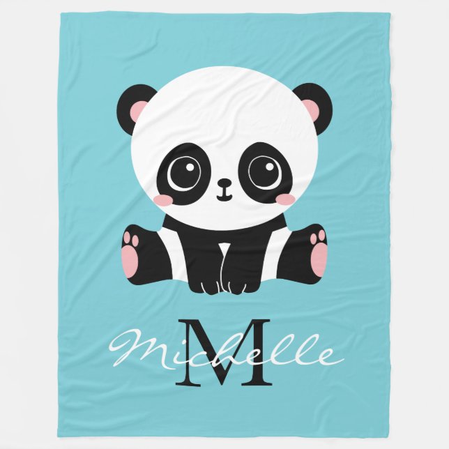 Monogram Cute Panda Personlig Bubble Gum Blue Fleecefilt (Framsidan)
