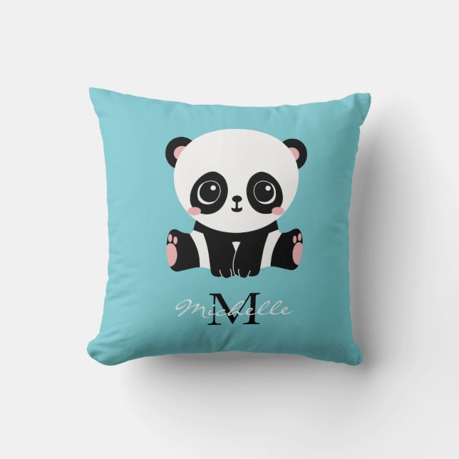 Monogram Cute Panda Personlig Bubble Gum Blue Kudde (Framsida)