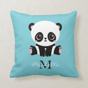 Monogram Cute Panda Personlig Bubble Gum Blue Kudde