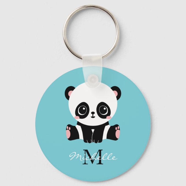 Monogram Cute Panda Personlig Bubble Gum Blue Nyckelring (Framsida)