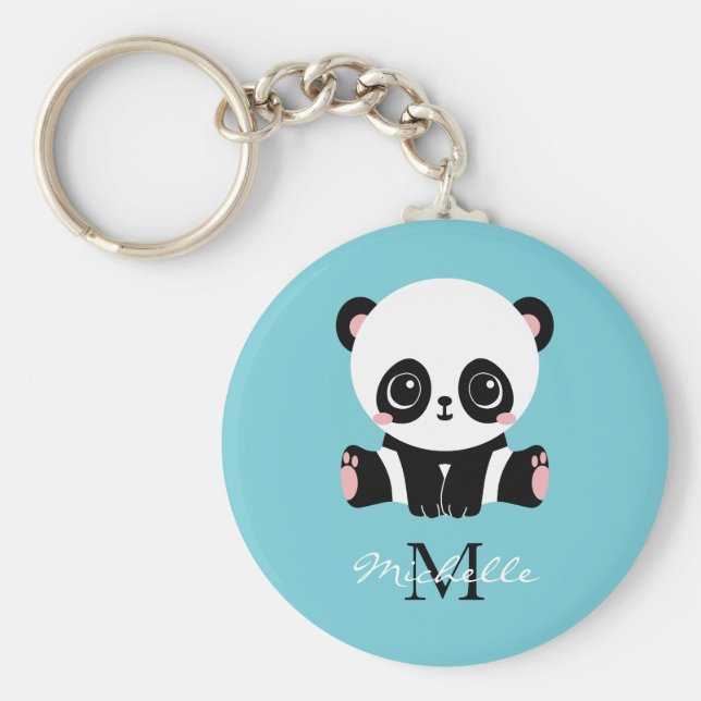 Monogram Cute Panda Personlig Bubble Gum Blue Nyckelring (Framsidan)