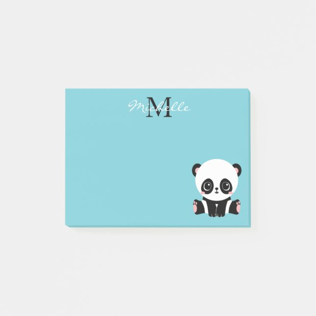 Monogram Cute Panda Personlig Bubble Gum Blue Post-it Block (Framsida)