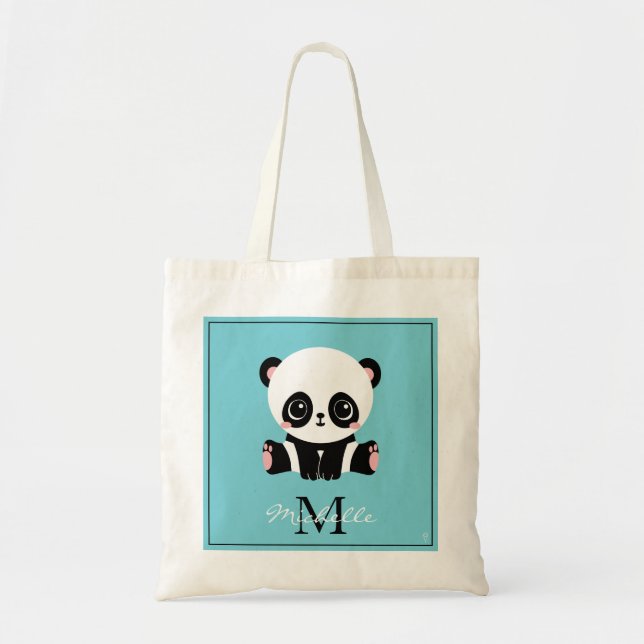 Monogram Cute Panda Personlig Bubble Gum Blue Tygkasse (Framsidan)